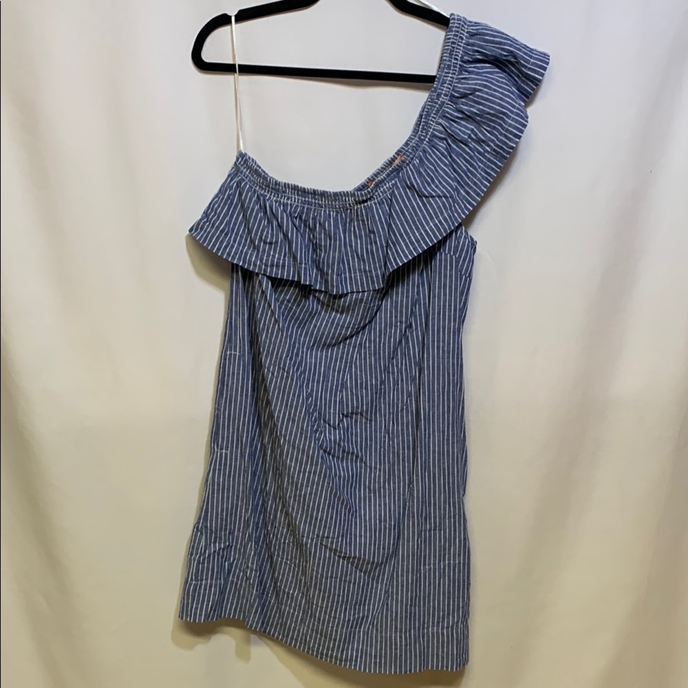 Blue and White One-Shoulder Casual Dress